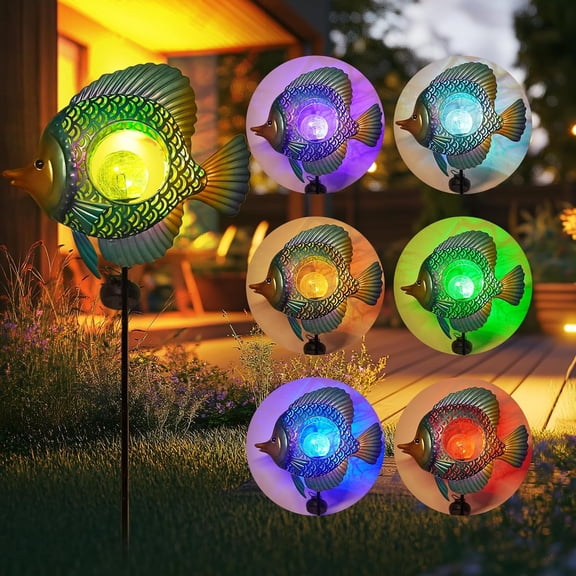 OTGFRF-Solar Outdoor Lights -Metal Fish Decorative Stake- Garden Colorful LED Solar Path Lights for Lawn Path Yard Decoration Gift Idea