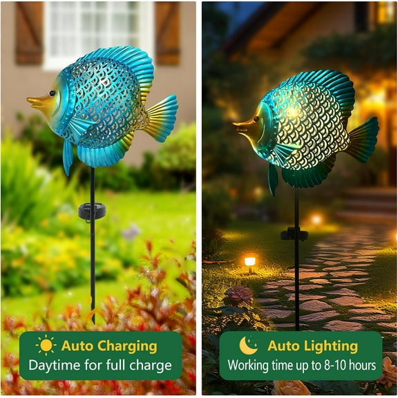 OTGFRF-Solar Pathway Lights, Outdoor Solar Powered Garden Lights with Warm Yellow LED, Metal Fish Design Stake for Lawn, Yard, Patio and Landscape Decoration (Waterproof)