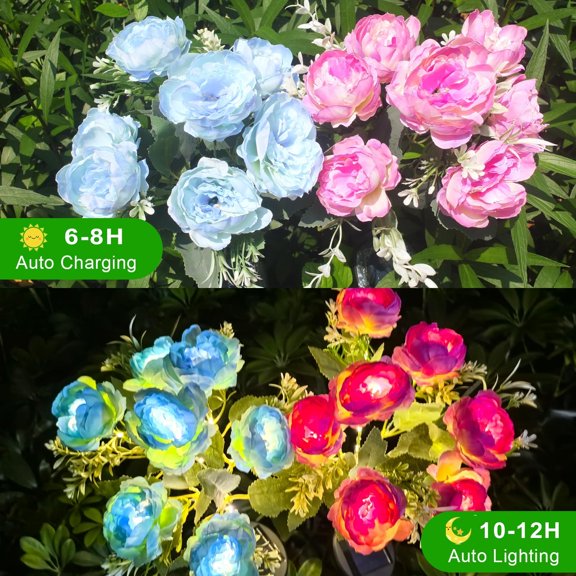 OTGFRF-Solar Peony Flower Lights Outdoor, 2-Pack Blue & Purple 42-LED Solar Lights with Auto On/Off, Bendable Stems, Waterproof Decorative Garden Light for Yard, Patio, Pathway, Cemetery Gravesite