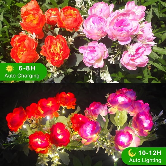 OTGFRF-Solar Peony Flower Lights Outdoor, 2-Pack Orange & Purple 42-LED Solar Lights with Auto On/Off, Bendable Stems, Waterproof Decorative Garden Lights for Yard, Patio, Pathway, Cemetery Gravesite