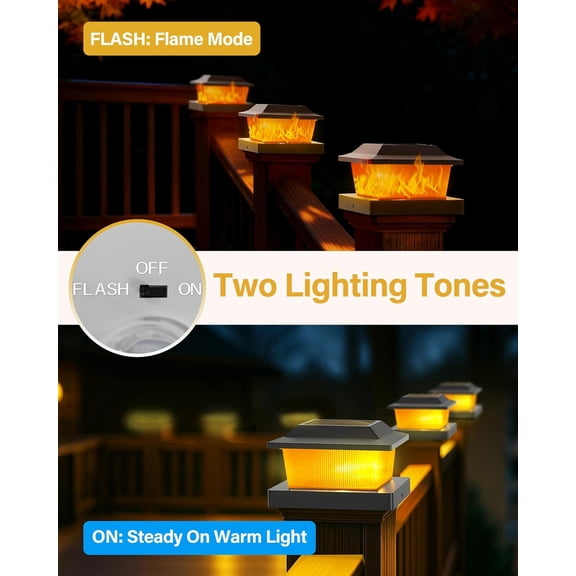 OTGFRF-Solar Post Cap Lights Outdoor for 3.5x3.5 4x4 5x5 Wood/Vinyl Posts, 2 Pack Fence Post Solar Lights with Flickering Flame & Warm Modes for Deck/Garden/Patio, IP65 Waterproof - Black