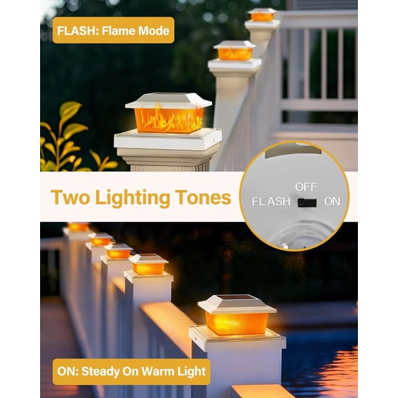OTGFRF-Solar Post Cap Lights Outdoor for 3.5x3.5 4x4 5x5 Wood/Vinyl Posts, Fence Post Solar Lights with Flickering Flame & Warm Modes for Deck/Garden/Patio, IP65 Waterproof - 2 Pack, White