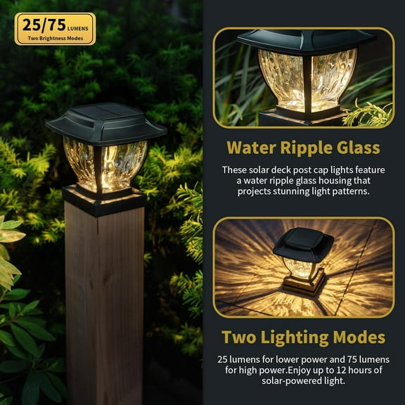 OTGFRF-Solar Post Cap Lights Outdoor, Glass Deck Fence Post Cap Light Solar Powered for 4x4 Vinyl/Wooden Posts, Solar Lamp Post Light with 2 Lighting Modes for Patio Garden, Bright Warm White (1 Pack
