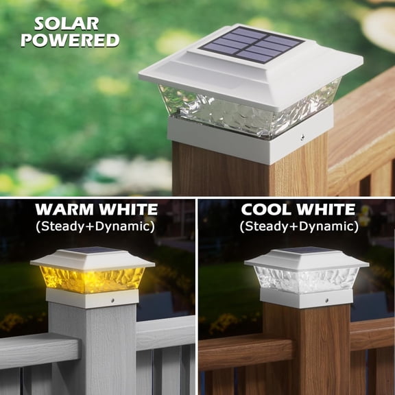 OTGFRF-Solar Post Lights Outdoor 12 LEDs 4 Modes Post Cap Light for 4x4 5x5 6x6 Wooden Vinyl Fence Deck Posts Patio Garden Decor, Warm/Cool White Dynamic Lighting (2 Pack, White)