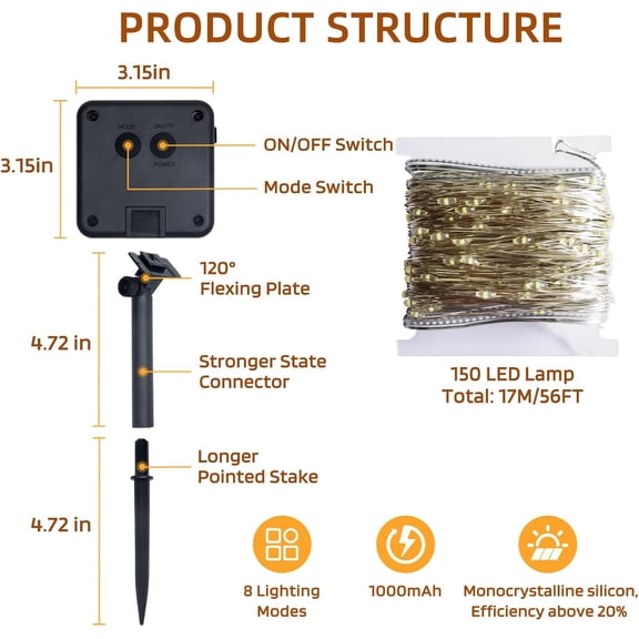 OTGFRF-Solar String Lights Outdoor Waterproof, 2x56Ft 300LED 8 Modes Solar Powered Copper Fairy String Deck Twinkle Lights for Outside Christmas Party Yard Camping Holiday Decor 2Pack(Pure White)