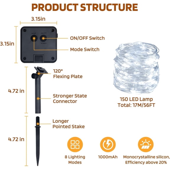 OTGFRF-Solar String Lights Outdoor Waterproof, 4x56Ft 600LED 8 Modes Solar Powered Copper Fairy String Deck Twinkle Lights for Outside Christmas Party Yard Camping Holiday Decor 4Pack(Pure White)