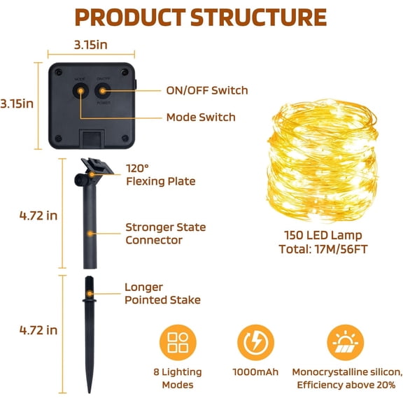 OTGFRF-Solar String Lights Outdoor Waterproof, 4x56Ft 600LED 8 Modes Solar Powered Copper Fairy String Deck Twinkle Lights for Outside Christmas Party Yard Camping Holiday Decor 4Pack(Warm White)