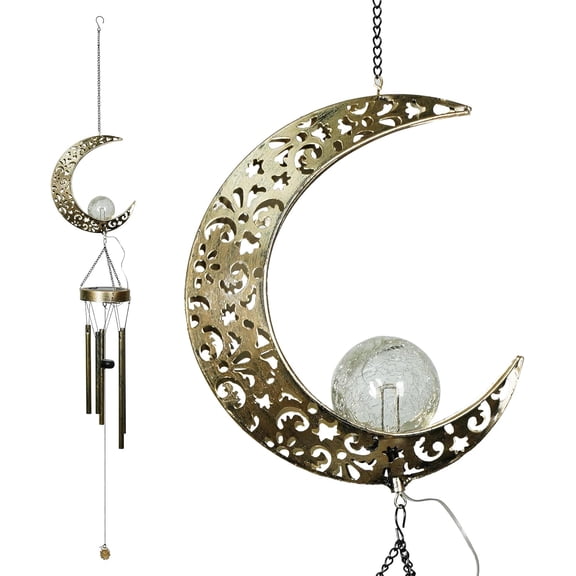 OTGFRF-Solar Wind Chimes for Outside Clearance, Moon Windchimes Outdoors for Porch Patio with Crackle Glass Ball LED Light, Waterproof Metal Outdoor Hanging Decor for Women Wife Mom Grandma
