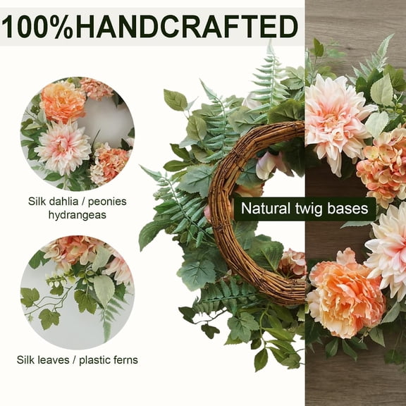 OTGFRF-Spring Summer Wreaths for Front Door, 20 Inches Artificial Wreath with Peony Dahila Hydrangea Flower, Pink-Peach Floral Wreaths for Wall Porch Decor, Fall Wreath for Home Decorations