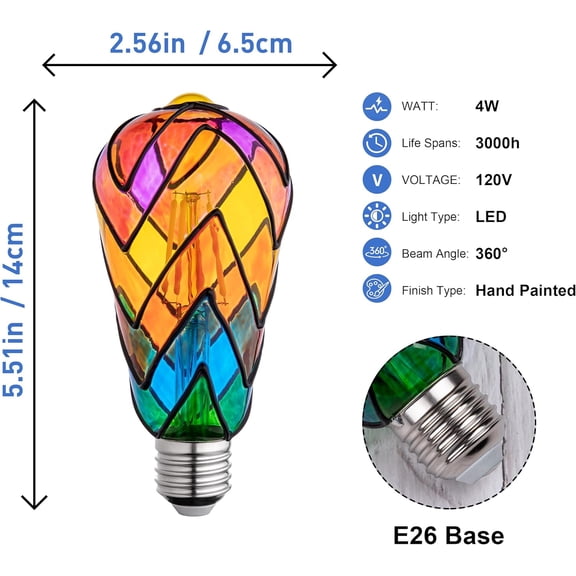 OTGFRF-Stained Glass Light Bulb - Rainbow Painted Mosaic Bulb, 4W 120V, Multi-Colored Indoor, Fun Romantic and Unique Decorative Lighting