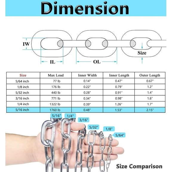 OTGFRF-Stainless Steel Chain, 6.5ft Metal Chain Link Chain 1/4in Heavy Duty Chain Utility Chain Jack Chain for Home Outdoor Camping Hanging etc (1/4in-6.5ft)