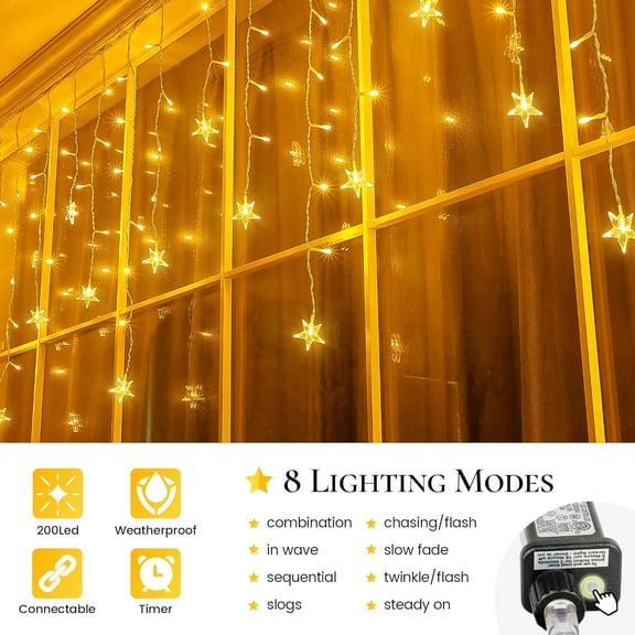 OTGFRF-Star Icicle Lights Outdoor, 200 LED 40-Drops Star Shaped Curtain Lights, 8 Lighting Modes, Timer, Waterproof, Connectable, Warm White