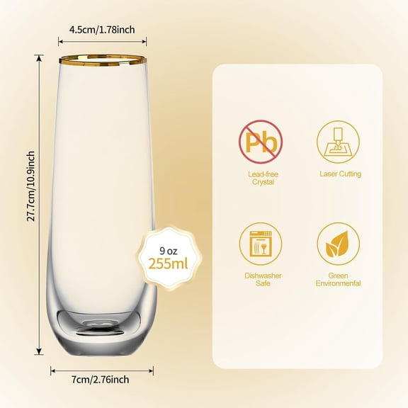 OTGFRF-Stemless Champagne Flutes Set of 4, Gold Rim Champagne Glasses, Best Gift
