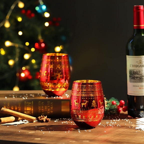 OTGFRF-Stemless Wine Glasses - Large Handmade Wine Glass Cups, Elk Snowflake Patterned Tumblers, 18 oz, Set of 2, Great for Gifts