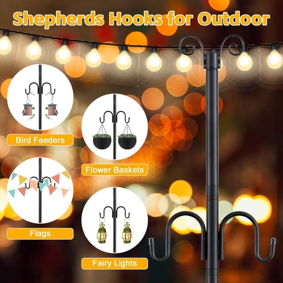 OTGFRF-String Light Poles for Outside, 10FT Heavy Duty Outdoor String Light Pole Stand with Shepherd Hooks for Wood Deck Concrete Patio Garden Backyard Wedding Party Bird Feeder Lanterns Flower Baske