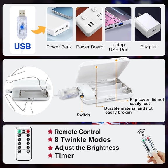 OTGFRF-String Lights Plug in, 2 Pack 19.6FT 50 LED Red White Blue Star American Flag Fairy Lights 8 Modes Remote & Timer Mini Light for 4th of July Independence Day Window Indoor Outdoor