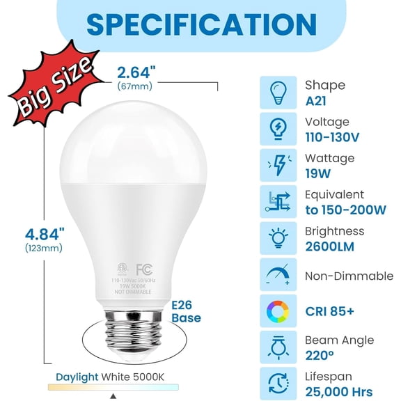 OTGFRF-Super Bright LED Light Bulbs, 150 Watt Equivalent, 5000K Daylight White, 2600 High Lumen, E26 Base, Non-Dimmable, A21 19W Energy Efficient Bright White LED Bulbs for Home Office Porch, 6-Pack