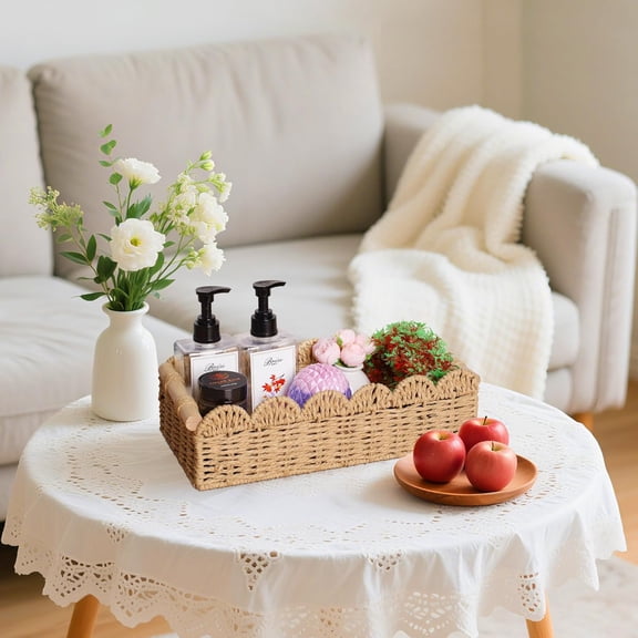 OTGFRF-Toilet Paper Storage Basket, Small Wicker Baskets for Storage, Scalloped Narrow Rattan Storage Basket for Shelves, Toilet Tank Top Organizer for Bathroom, Bedroom, Nursery Room Decor, Khaki