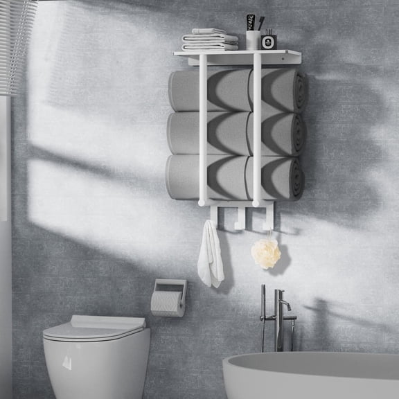 OTGFRF-Towel Rack with Shelf and 3 Hooks, Towel Holders for Bathroom Wall Mounted, Metal White Towel Racks can Hold 3 Large Bath Sheets Blanket