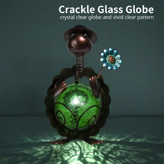 OTGFRF-Turtle Garden Decor, Turtle Solar Lights Outdoor Decorative Waterproof with Crackle Glass Globe and Flower Yard Ornaments for Tabletop Outside Garden Lawn Outside Porch Home Decorations