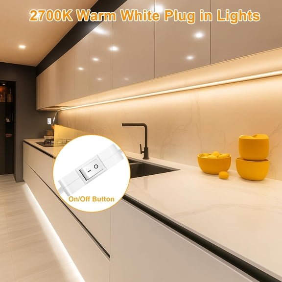 OTGFRF-Under Cabinet Strip Lighting Plug in 72in, Ultra Bright Small LED Light Bar, 2700K Warm White, Wired Lights for Kitchen Cabinet, Counter, Workbench, Desk, Closet, Shelf, Indoor