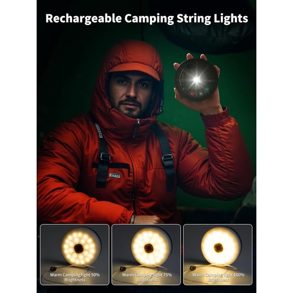 OTGFRF-Upgraded Retractable Camping String Light for Outside, 33FT Fairy String Lights with Snap Rechargeable Power Bank Hanging Light 14 Modes Outdoor Camping Tent Party Gatherings Picnics