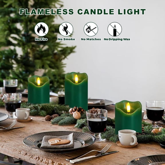 OTGFRF-Veki Flameless LED Lights - Set of 3 Green Flickering Pillar Candles with Remote & Timer, Dimmable, Battery Operated, Electric for Home Decor