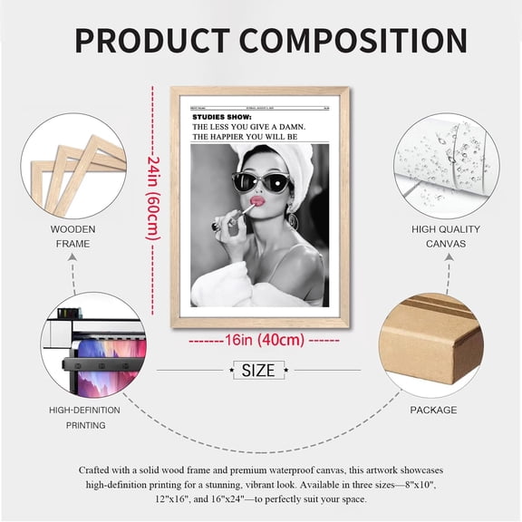 OTGFRF-Vintage Black and White Trendy Newspaper Wall Art, Positive Headline Canvas Bedroom Wall Decor, Bathroom Poster Print Picture, Girly Apartment Dorm Room Decor Painting16x24 inch Light Wood Fra