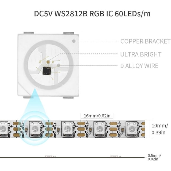 OTGFRF-WS2812B IC RGB 5050SMD ECO Individual Addressable LED Strip Light, 16.4FT 300LED 60LED/m Flexible Full Color IP65 Waterproof DC5V White PCB for DIY Project (No Power Adapter or Controller)