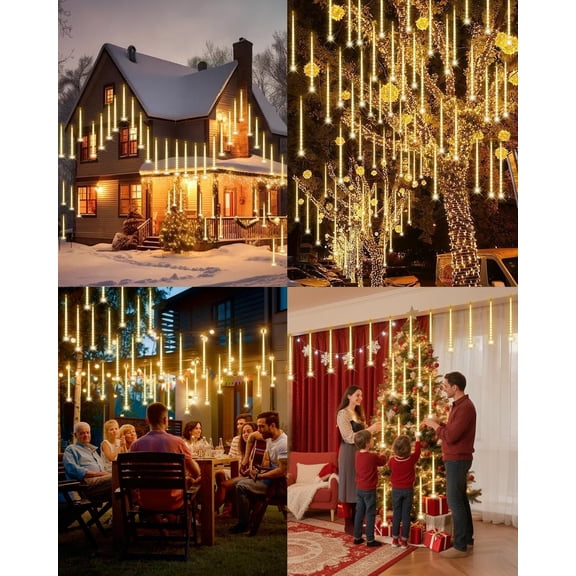 OTGFRF-Warm White Christmas Lights Meteor Shower Lights Outdoor 24-Tube 576 LED Snowfall Icicle Cascading Rain Light Christmas Decorations for House Tree Yard Roof Patio Porch Stair, UL Plug