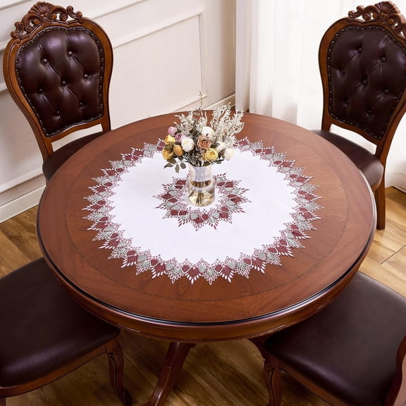 OTGFRF-White Dark Red Linen Lace Doily 33 inches Round Coffee Table Topper Dresser Scarf Place Mats (Dark Red, 33 Round)