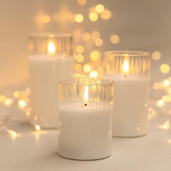 OTGFRF-White Flameless Candles with Timer, Glass Flickering LED Candle with Remote, Set of 3 Battery Operated Pillar Candles for Bathroom Bathtub Home Decor Wedding Christmas Decoration