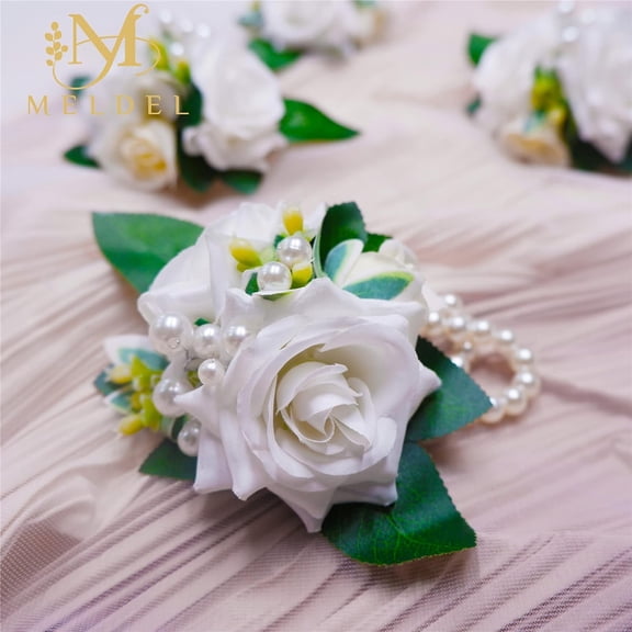 OTGFRF-White Ivory Rose Prom Wrist Corsage for Wedding, Set of 6, Bridesmaid Bridal Hand Flowers Corsage for Prom, Wrist Flower for Wedding Ceremony Anniversary, Dinner Party, Rustic Vintage Wedding