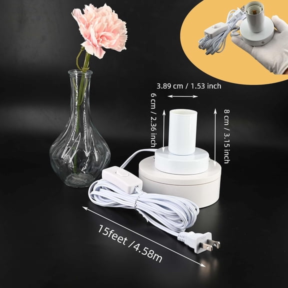 OTGFRF-White Metal E26/E27 Screw Light Socket with 15FT Extension Cord, Hanging Light Cord for Garage,80MM Small Table Lamp Base Ceiling Bulb Holder, On/Off Switch US Plug in Wire (1 Pack)