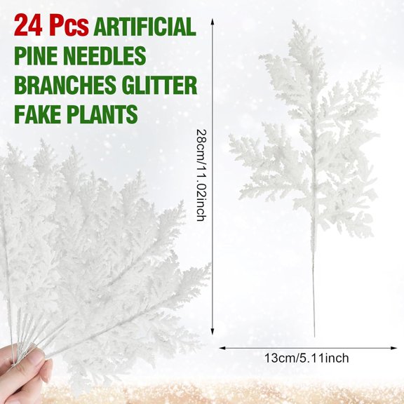 OTGFRF-White Picks for Christmas Tree, 11'' Glitter Artificial Branches Filler Fake Fern Leaf Pine Needles Leaves Floral Twigs Ornaments for Xmas Tree Holiday Wreath Home Decorations