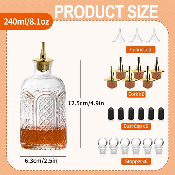 OTGFRF-Window Bitter Bottle 6pcs 8.1oz/240ml, With Gold Plated Cork Dasher Top For Cocktail (6, Window Gold)