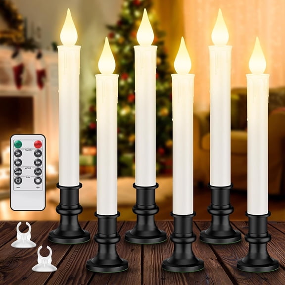 OTGFRF-Window Candles Cordless Battery Operated with Timer Remote, 6 Packs Flameless LED Candle Lights with Black Removable Candlesticks, Gift for Christmas Windows Table Decoration