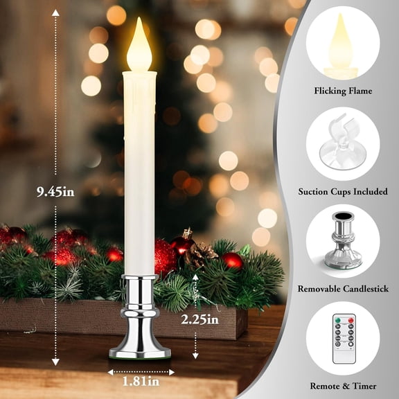 OTGFRF-Window Candles Cordless Battery Operated with Timer Remote, 6 Packs Flameless LED Candle Lights with Silver Removable Candlesticks, Gift for Christmas Windows Table Decoration