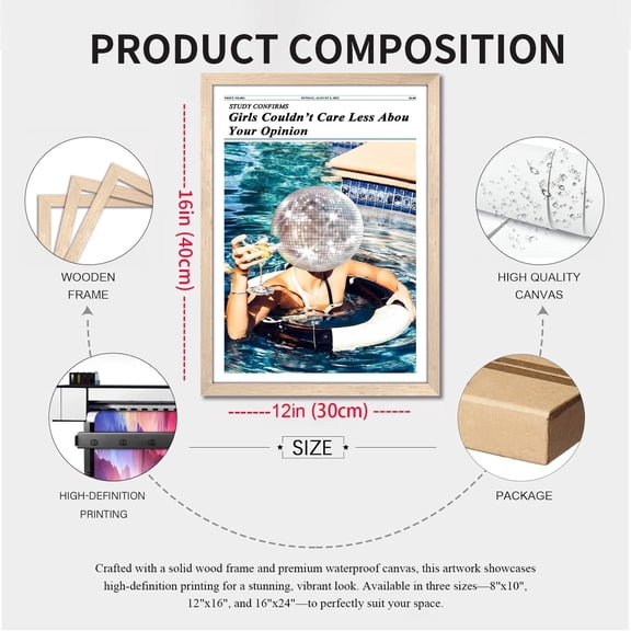 OTGFRF-Wood Framed Disco Ball Head Girl Wall Art, Funny Newspaper Style Poster Print, Vintage Aesthetic Pool Party Canvas Painting, Trendy Feminist Quote Wall Decor for Bedroom Living Room Dorm 12x16