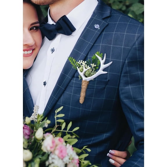 OTGFRF-Woodland Boutonniere for Men Set - 2PC Handmade Greenary Corsage for Wedding White Antler Boutonniere for Groom Groomsmen Formal Dinner Party Ceremony Anniversary Prom