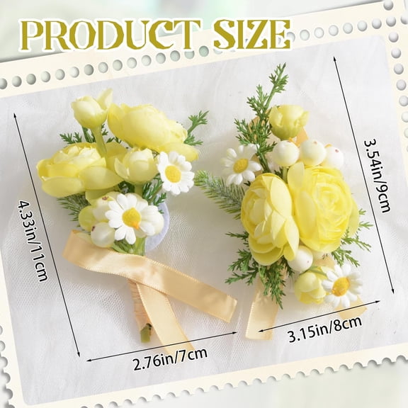 OTGFRF-Wrist Corsage and Boutonniere Set, Artificial Light Yellow Ranunculus asiaticus Flower Hand Flower Set for Graduation Prom Wedding Party