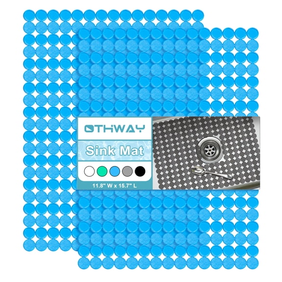 OTHWAY 2-Pack Round Sink Liners and Protector Mat for Kitchen Sink, Non-Slip Quick-Dry Dish Drying Mat, PVC Sink Tray for Stainless Steel & Ceramic Sinks, 15.7"x11.8"(Blue)