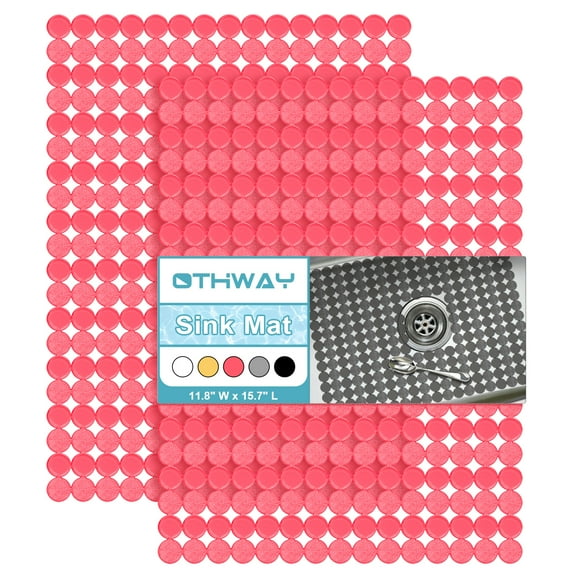 OTHWAY 2-Pack Round Sink Liners and Protector Mat for Kitchen Sink, Non-Slip Quick-Dry Dish Drying Mat, PVC Sink Tray for Stainless Steel & Ceramic Sinks, 15.7"x11.8"(Red)