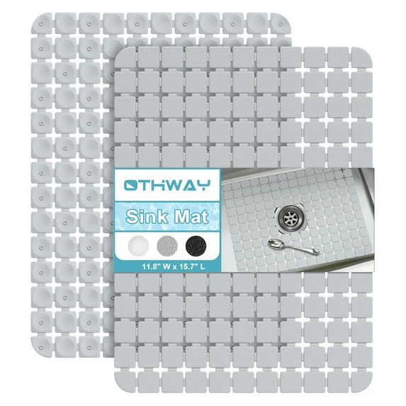 OTHWAY 2-Pack Square Sink Mats,Non-Slip Sink Mats for Kitchen, Quick-Dry Dish Drying Pad & Cabinet Protector, Flexible PVC Sink Grid Liner for Stainless Steel/Ceramic Sinks, 15.7"x11.8"(Light Gray)