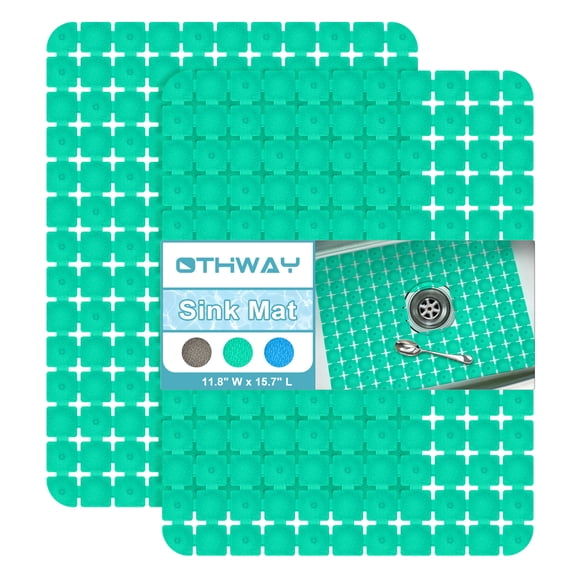OTHWAY 2-Pack Square Sink Mats,Non-Slip Sink Mats for Kitchen, Quick-Dry Dish Drying Pad & Cabinet Protector, Flexible PVC Sink Grid Liner for Stainless Steel/Ceramic Sinks, 15.7"x11.8"(Green)