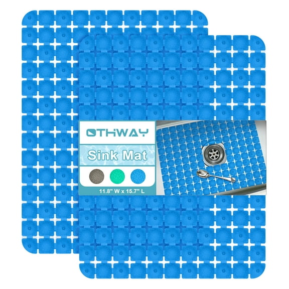 OTHWAY 2-Pack Square Sink Mats,Non-Slip Sink Mats for Kitchen, Quick-Dry Dish Drying Pad & Cabinet Protector, Flexible PVC Sink Grid Liner for Stainless Steel/Ceramic Sinks, 15.7"x11.8"(Blue)