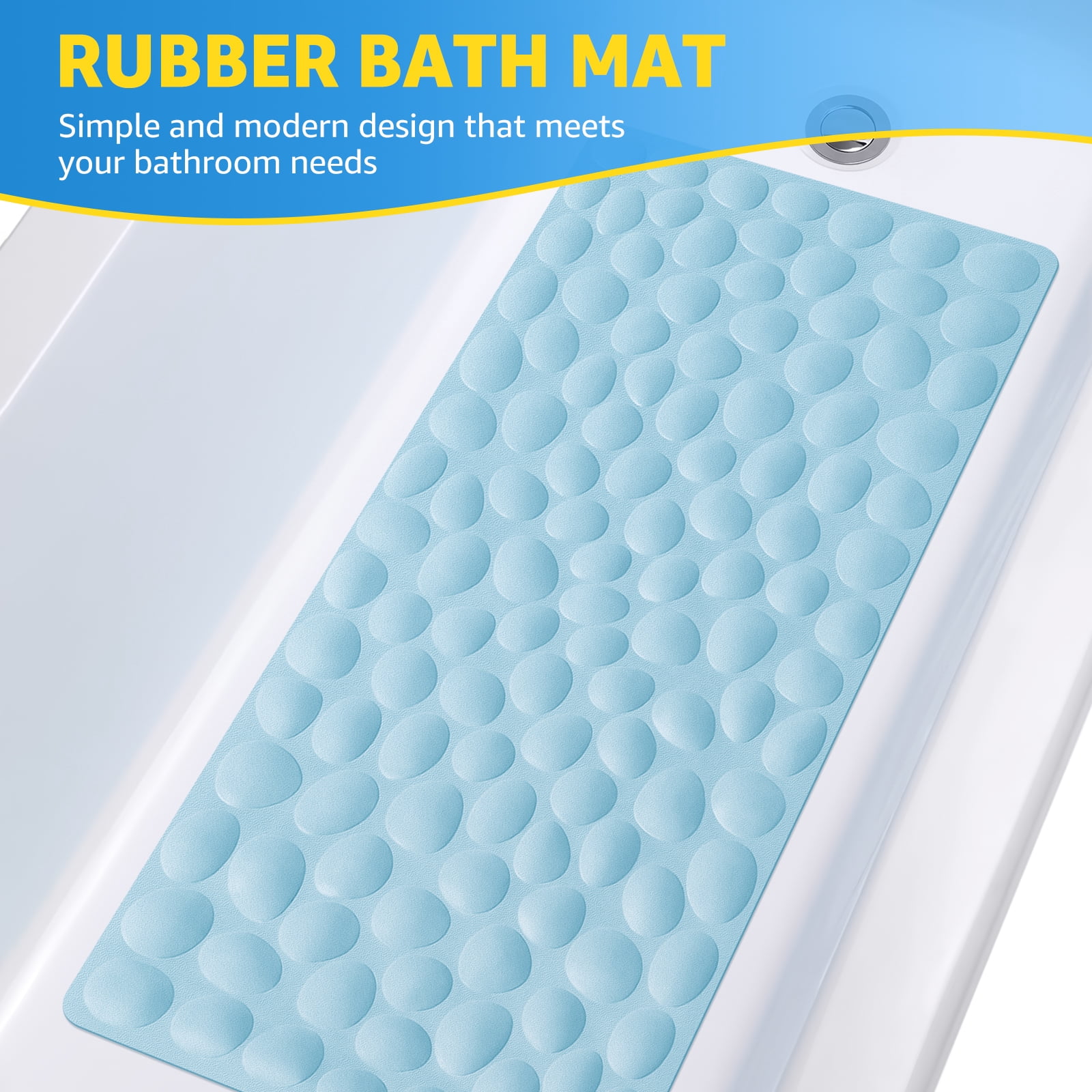 OTHWAY Bathtub Mat Non Slip, Rubber Bath Mat for Kids for Baby, 16x40 inch Large Bath Mats for Bathroom Tub with Strong Suction Cups (Light Blue)