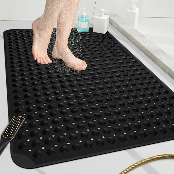 OTHWAY Large Shower Mat 34x23, TPE Non Slip Shower Mat, Inside Shower Mat with Drain Holes Suction Cups, Walk in Shower Mat for Shower Stall, Anti-Slip for Elderly Kids (Black)