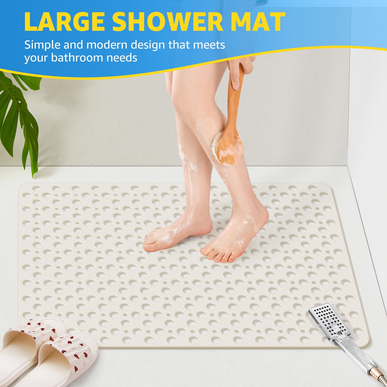 OTHWAY Large Shower Mat, 35x24 TPE Anti Slip Shower Mat, Heavy Bath Mats for Shower with Drain Holes Suction Cups, Shower Stall Mat for Bathroom, No Odor Shower Grip Mat for Elderly Kids(White)