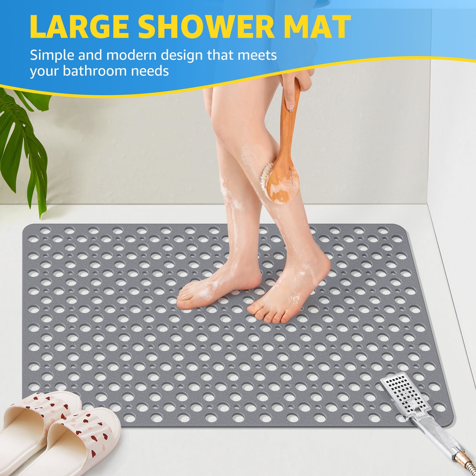OTHWAY Large Shower Mat, 35x24 TPE Anti Slip Shower Mat, Heavy Bath Mats for Shower with Drain Holes Suction Cups, Shower Stall Mat for Bathroom, No Odor Shower Grip Mat for Elderly Kids(Dark Grey)